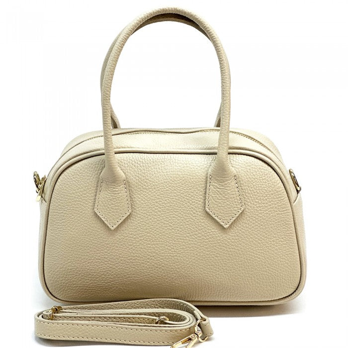 A beige Bella Vita leather handbag with double handles and a detachable shoulder strap, displayed against a white background.