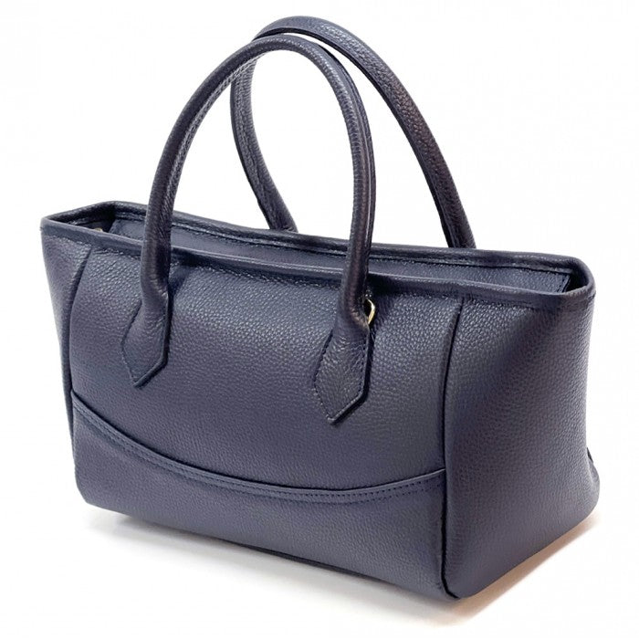 A Blue Italian leather tote bag with twin handles and a detachable leather keychain.