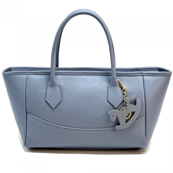 A green Italian leather tote bag with twin handles and a detachable leather keychain.