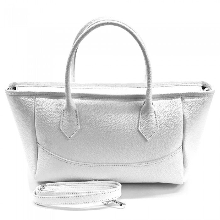 A Silver Italian leather tote bag with twin handles and a detachable leather keychain.