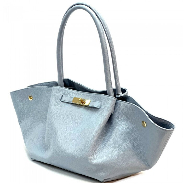 A light blue Vivara Italian leather tote bag with gold-tone twist-lock closure and dual leather handles.