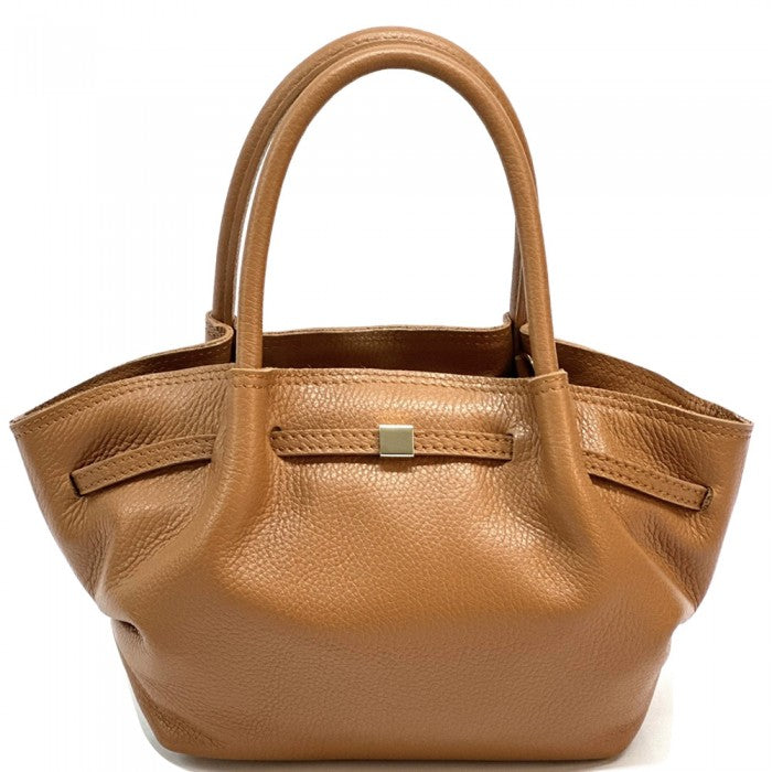 A brown Terra Italian handmade leather handbag with double rounded top handles and a central metallic snap closure.