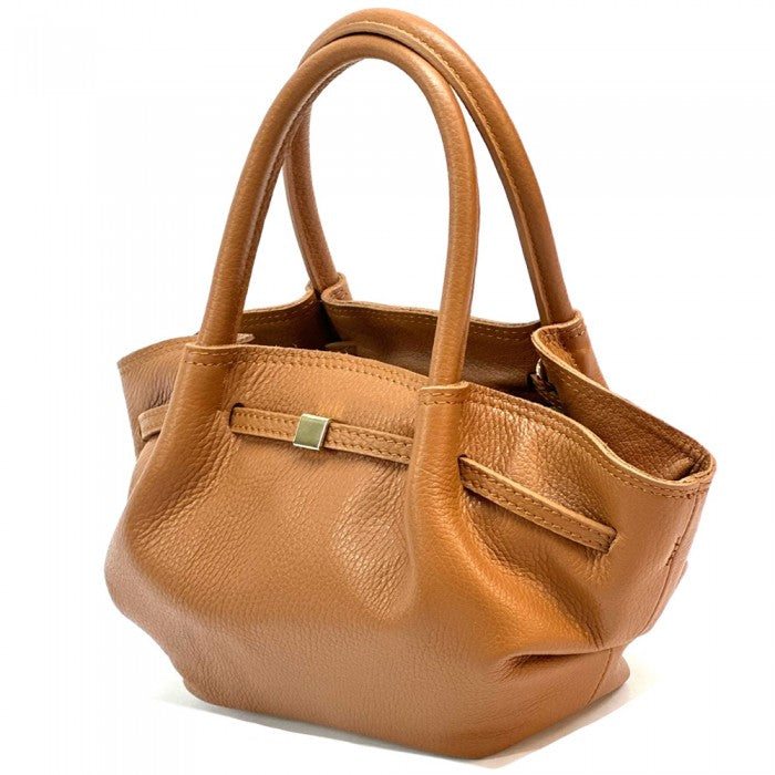A brown Terra Italian handmade leather handbag with double rounded top handles and a central metallic snap closure.