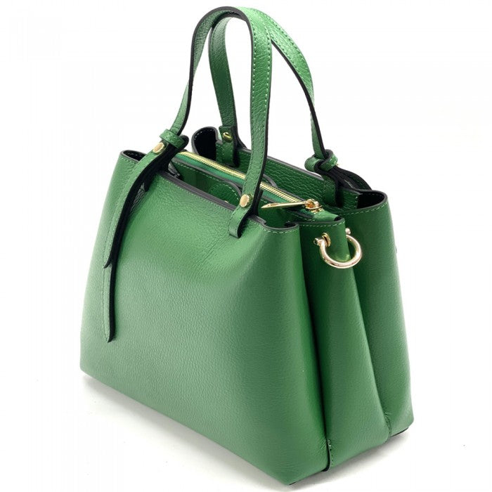 A green Katrine leather handbag with dual handles and a detachable shoulder strap, displayed against a plain background.