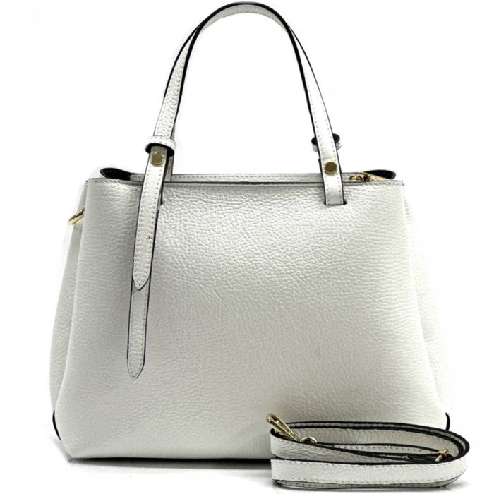 A white Katrine leather handbag with dual handles and a detachable shoulder strap, displayed against a plain background.