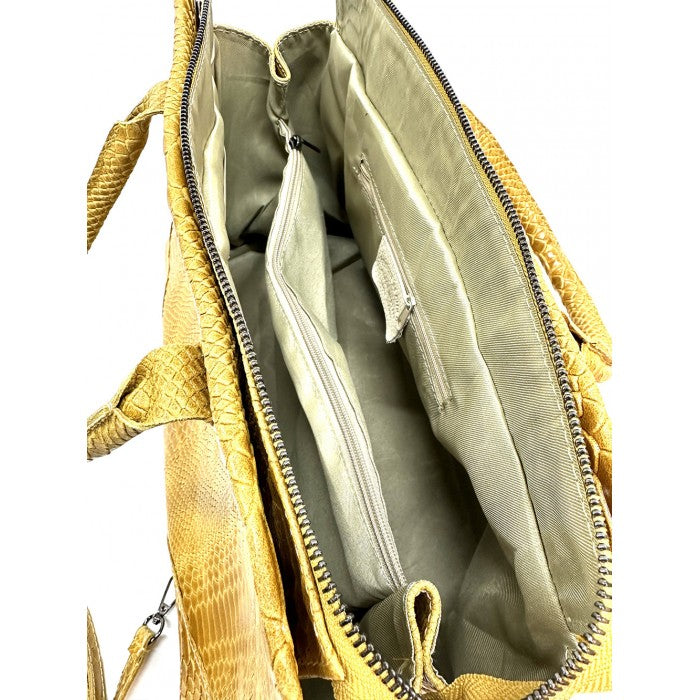 A blue genuine leather tote bag with a python print texture, featuring sturdy double handles and a structured shape.