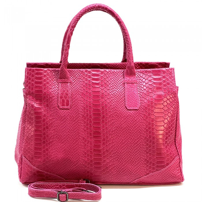 A blue genuine leather tote bag with a python print texture, featuring sturdy double handles and a structured shape.