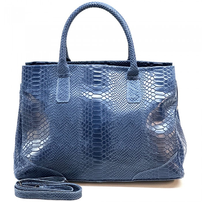 A blue genuine leather tote bag with a python print texture, featuring sturdy double handles and a structured shape.