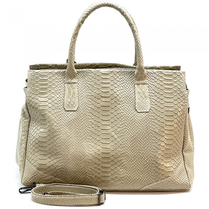 A genuine leather tote bag with a python print texture, featuring sturdy double handles and a structured shape.