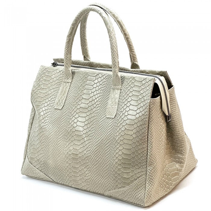 A genuine leather tote bag with a python print texture, featuring sturdy double handles and a structured shape.