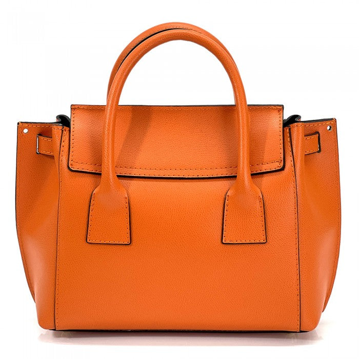 A Italian leather handbag with a structured design, double handles, and a gold-tone clasp.
