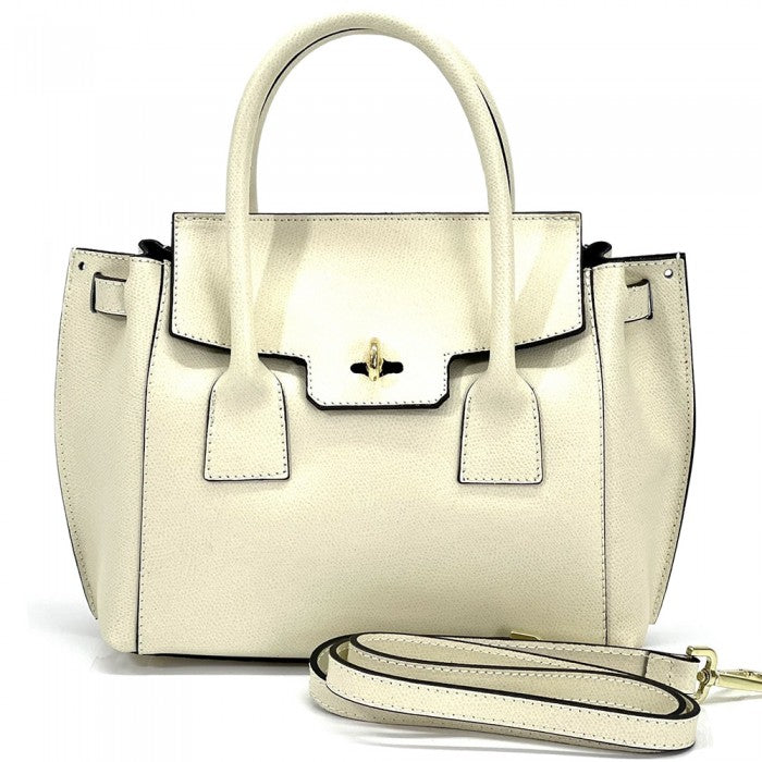 A Italian leather handbag with a structured design, double handles, and a gold-tone clasp.