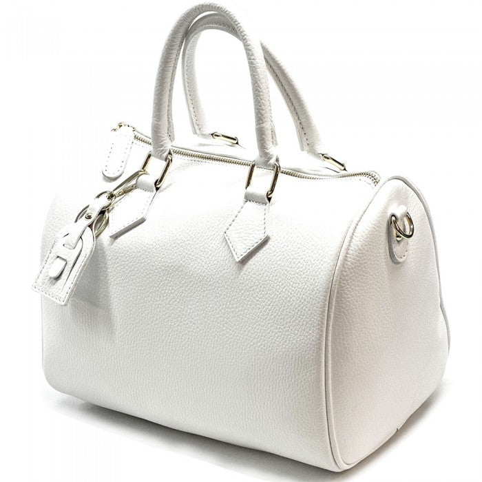 A white Erminia GM cow leather handbag with visible texture, two handles, and metallic hardware.