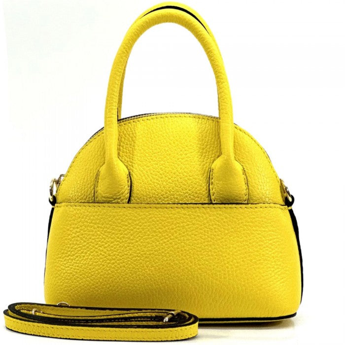 A Yellow Bellaria Italian leather shell bag with double top handles and a gold-tone zipper.