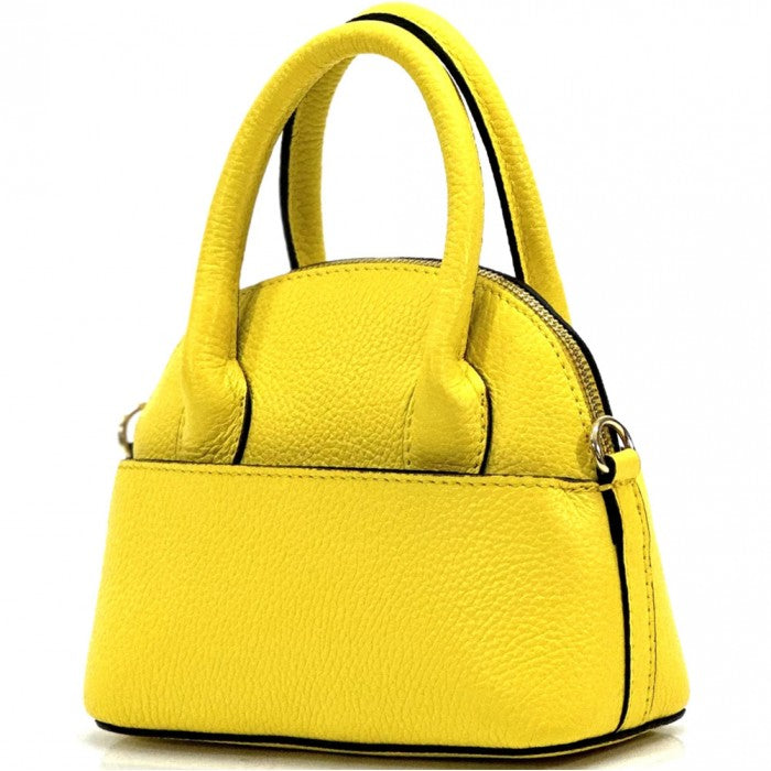 A Yellow Bellaria Italian leather shell bag with double top handles and a gold-tone zipper.