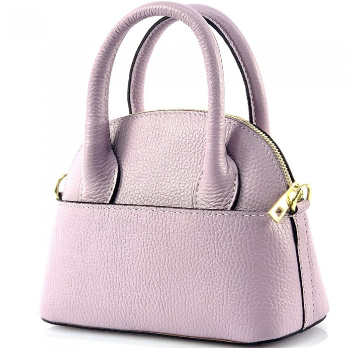 A purple Bellaria Italian leather shell bag with double top handles and a gold-tone zipper.