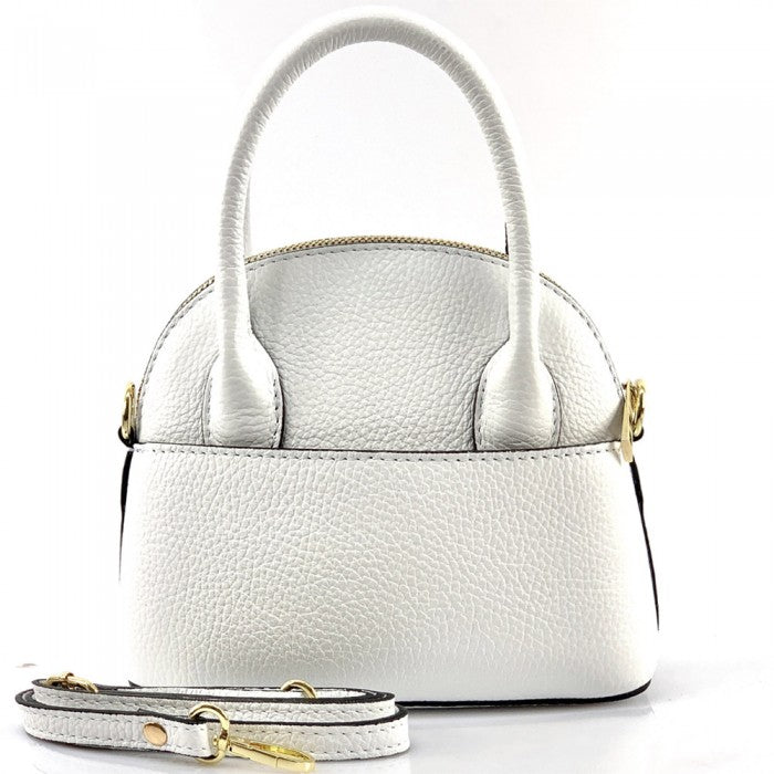 A white Bellaria Italian leather shell bag with double top handles and a gold-tone zipper.
