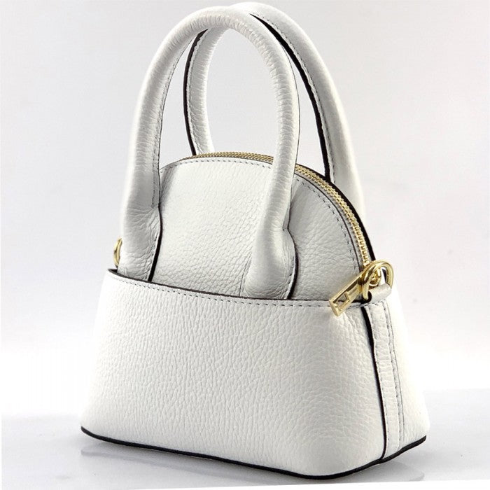 A white Bellaria Italian leather shell bag with double top handles and a gold-tone zipper.