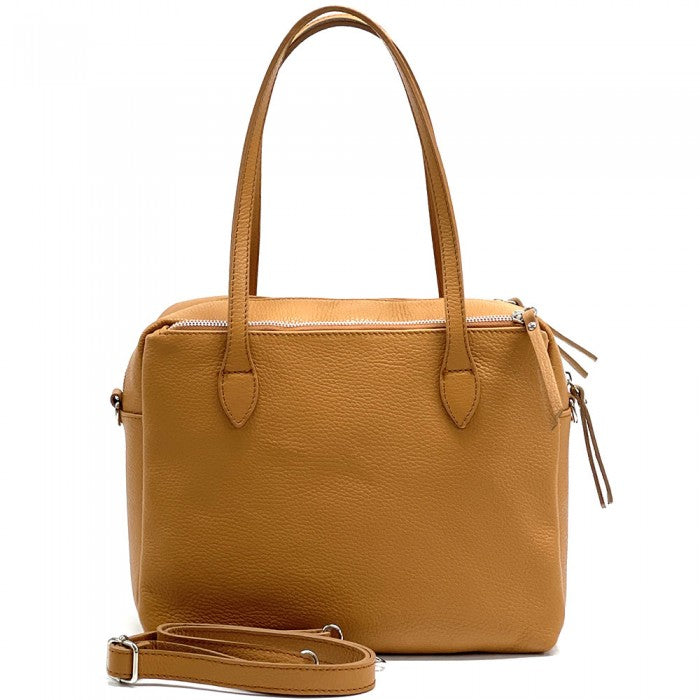 A tan-colored Annabella Leather Handbag with double handles and a removable shoulder strap, displayed against a white background.