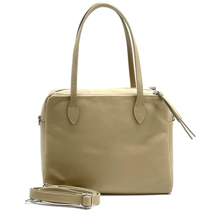 A tan-colored Annabella Leather Handbag with double handles and a removable shoulder strap, displayed against a white background.