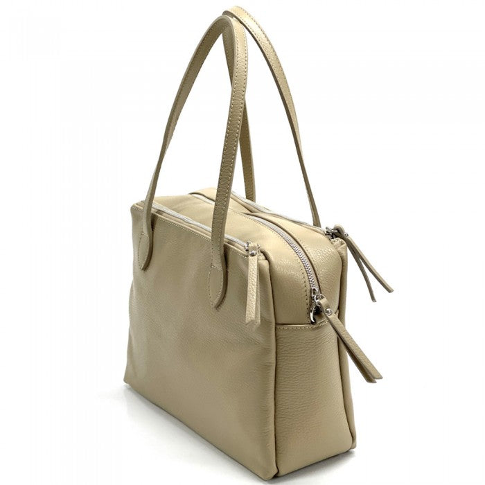 A tan-colored Annabella Leather Handbag with double handles and a removable shoulder strap, displayed against a white background.