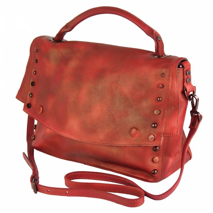 A red leather handbag with a shoulder strap and stud details.