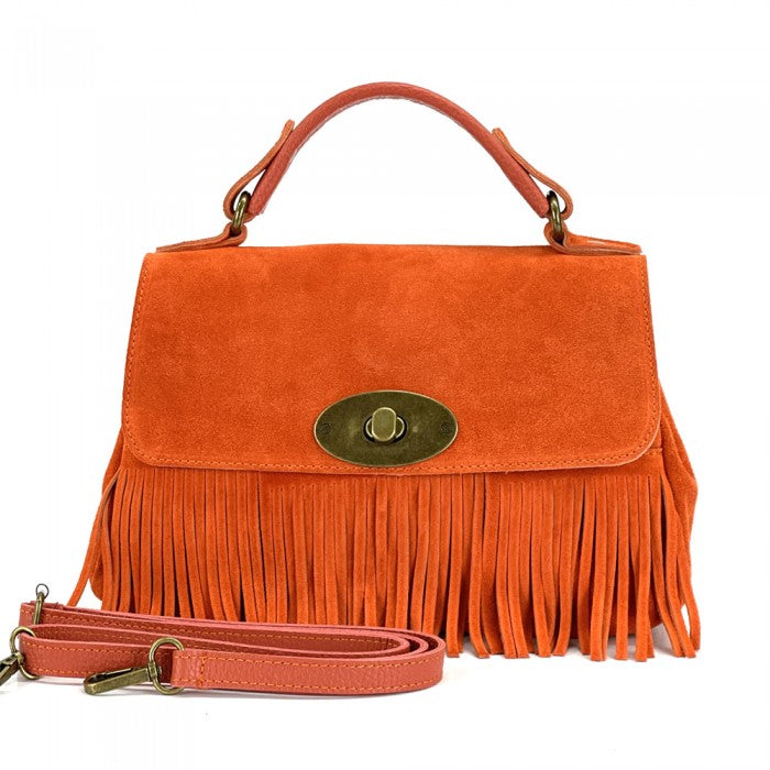Red genuine calfskin suede handbag with a rigid construction, a turnlock closure, and shoulder strap.