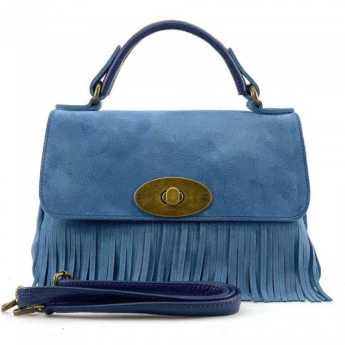 Blue genuine calfskin suede handbag with a rigid construction, a turnlock closure, and shoulder strap.