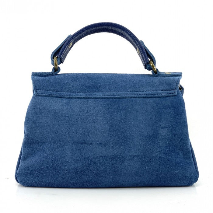 Blue genuine calfskin suede handbag with a rigid construction, a turnlock closure, and shoulder strap.