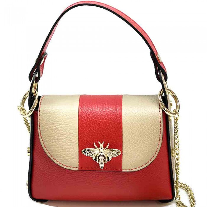 A black and Red leather handbag with a gold bee metal embellishment, featuring a structured silhouette and a metal chain strap.