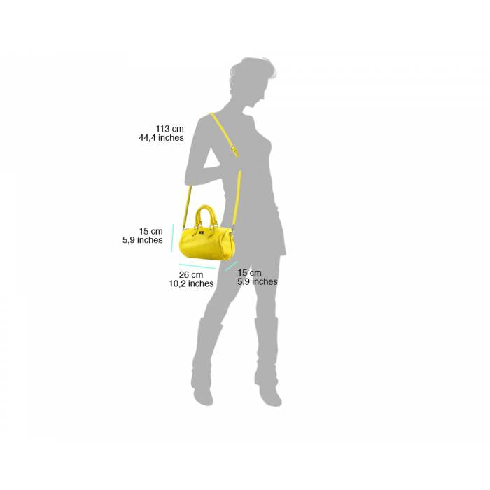 A yellow leather shoulder bag with a zipper closure, handles and a shoulder strap.