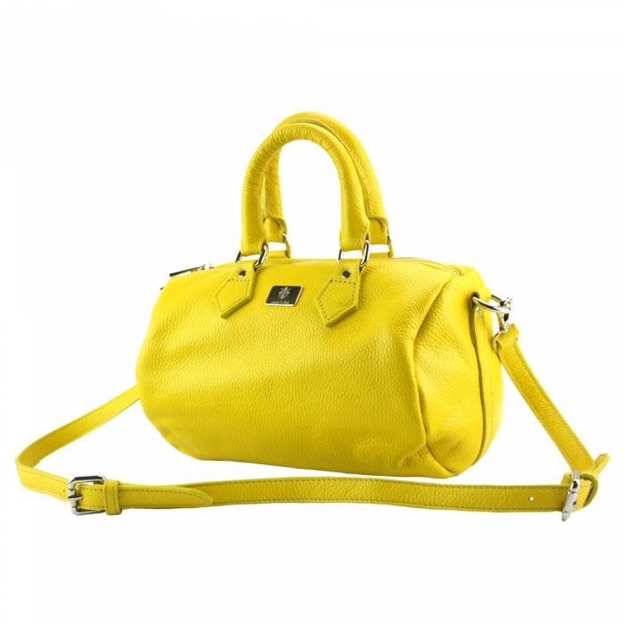 A yellow leather shoulder bag with a zipper closure, handles and a shoulder strap.