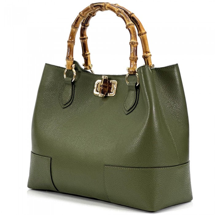 A Fabrizia leather handbag with bamboo handles and a turn-lock closure.
