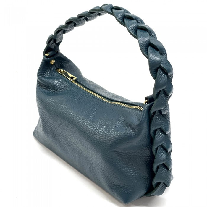 A blue crescent-shaped leather handbag with a single handle and a zipper closure.