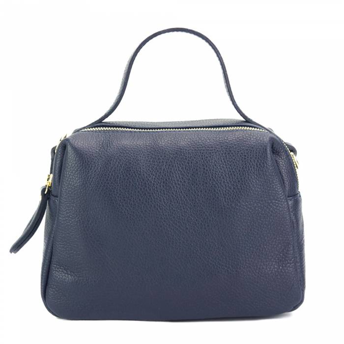 Blue leather handbag with a zipper closure and metallic pieces, with both a shoulder strap and handle.