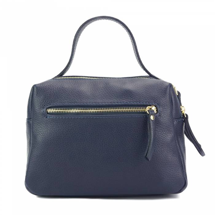 Blue leather handbag with a zipper closure and metallic pieces, with both a shoulder strap and handle.