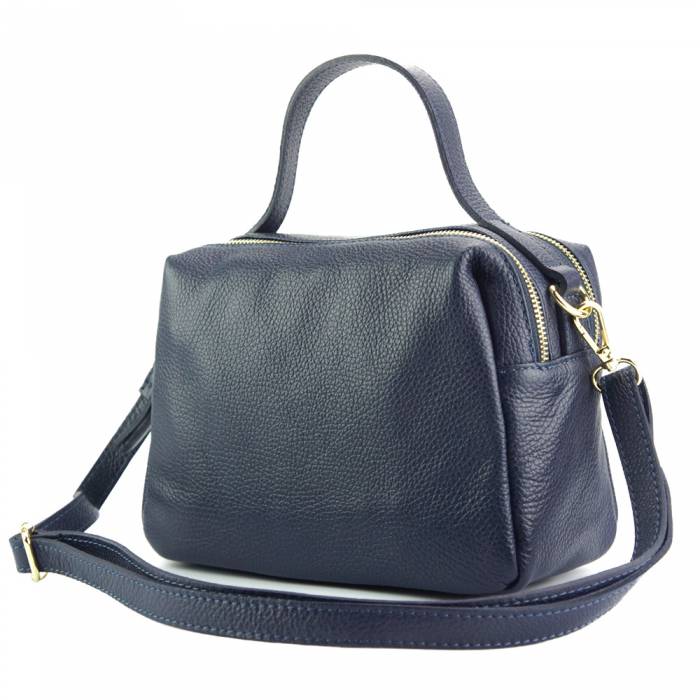 Black calfskin leather handbag with a zipper closure and golden color metallic details. The bag features a hand carry option and a shoulder strap.