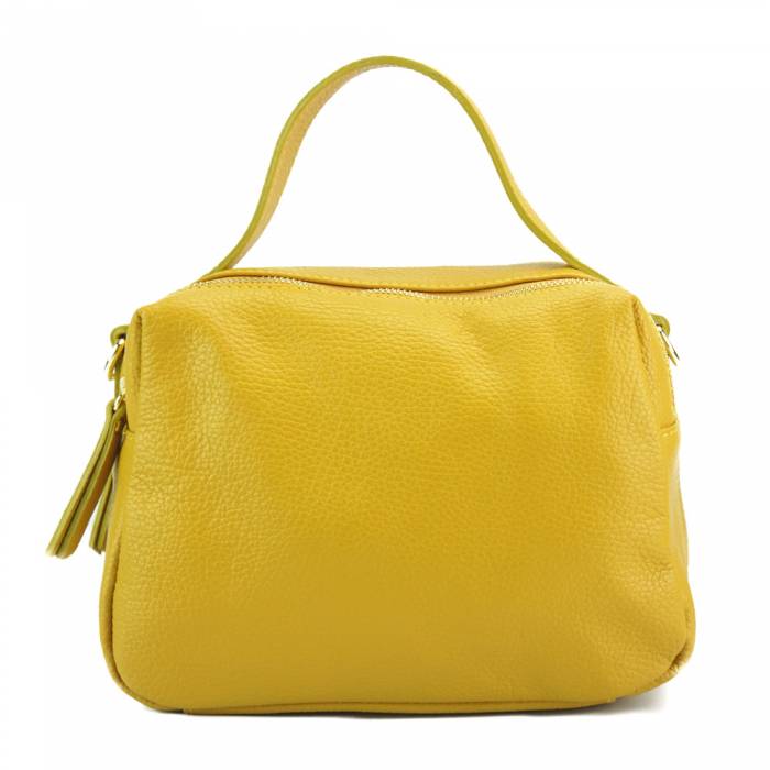 Yellow leather handbag with a zipper closure and metallic pieces, with both a shoulder strap and handle.