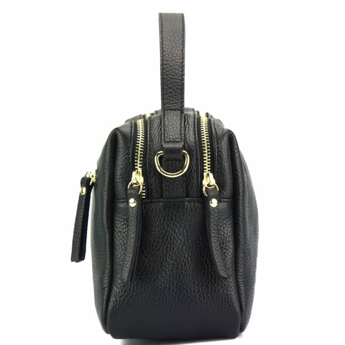 Black leather handbag with a zipper closure and metallic pieces, with both a shoulder strap and handle.