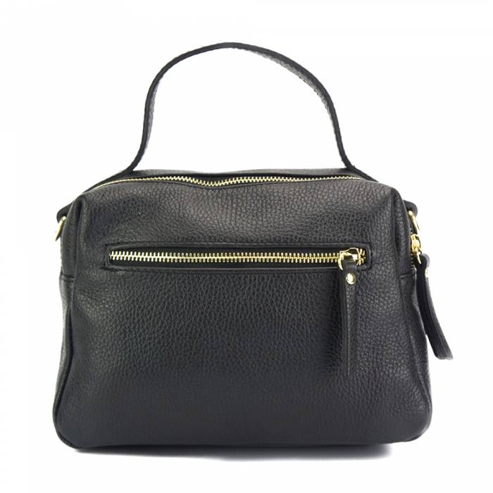Black leather handbag with a zipper closure and metallic pieces, with both a shoulder strap and handle.