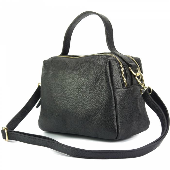 Black calfskin leather handbag with a zipper closure and golden color metallic details. The bag features a hand carry option and a shoulder strap.