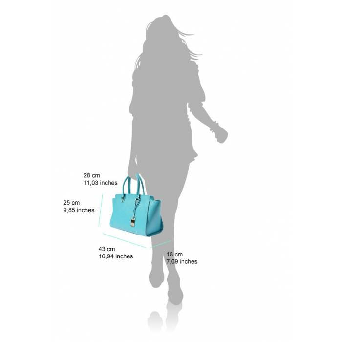 A leather handbag with golden metal hardware and a decorative tag on one of the handles.